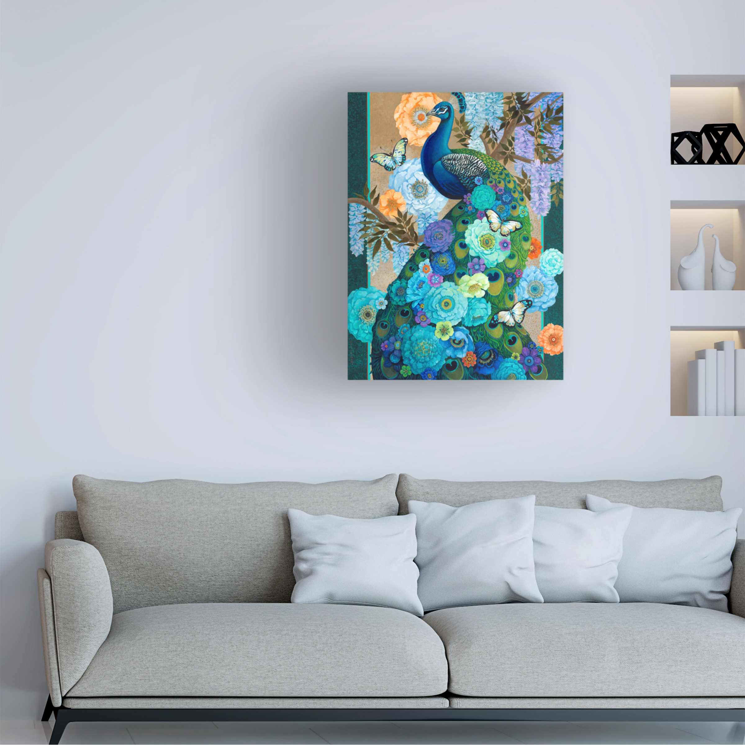 Canvas Wall Art - David Galchutt 'Floral Peacock' Wall Art for Living Room, Bedroom, or Office Décor by Trademark Fine Art - 14 x 19 Inches