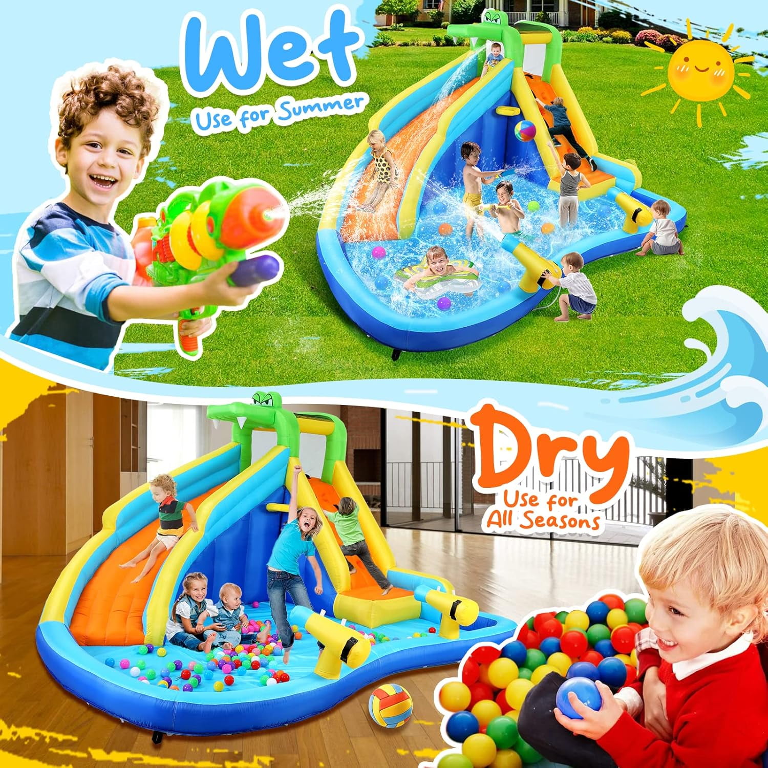 Qhomic Inflatable Water Slide with Spray Pool, 2 Water Guns, Climbing Wall, Basketball Hoop, and Inflatable Bounce House with UL Air Blower, (Gift for Kids), Polyester, Child, Teen, Toddler