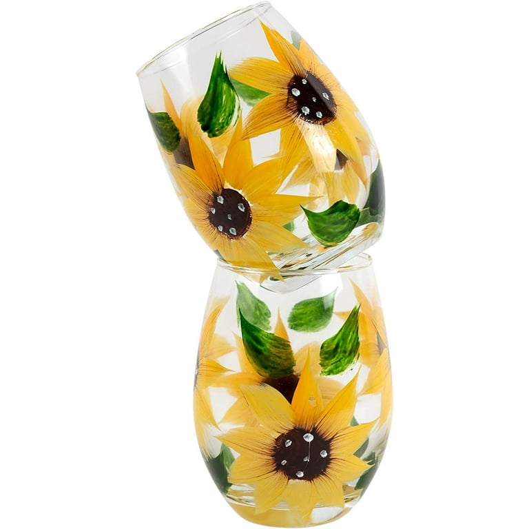 Market Street Gallery - Hand-Painted Sunflower Stemless Wine Glass Set - Premium Gift Box - Rustic Country Farmhouse Decor - Kitchen Gift, Set of 2