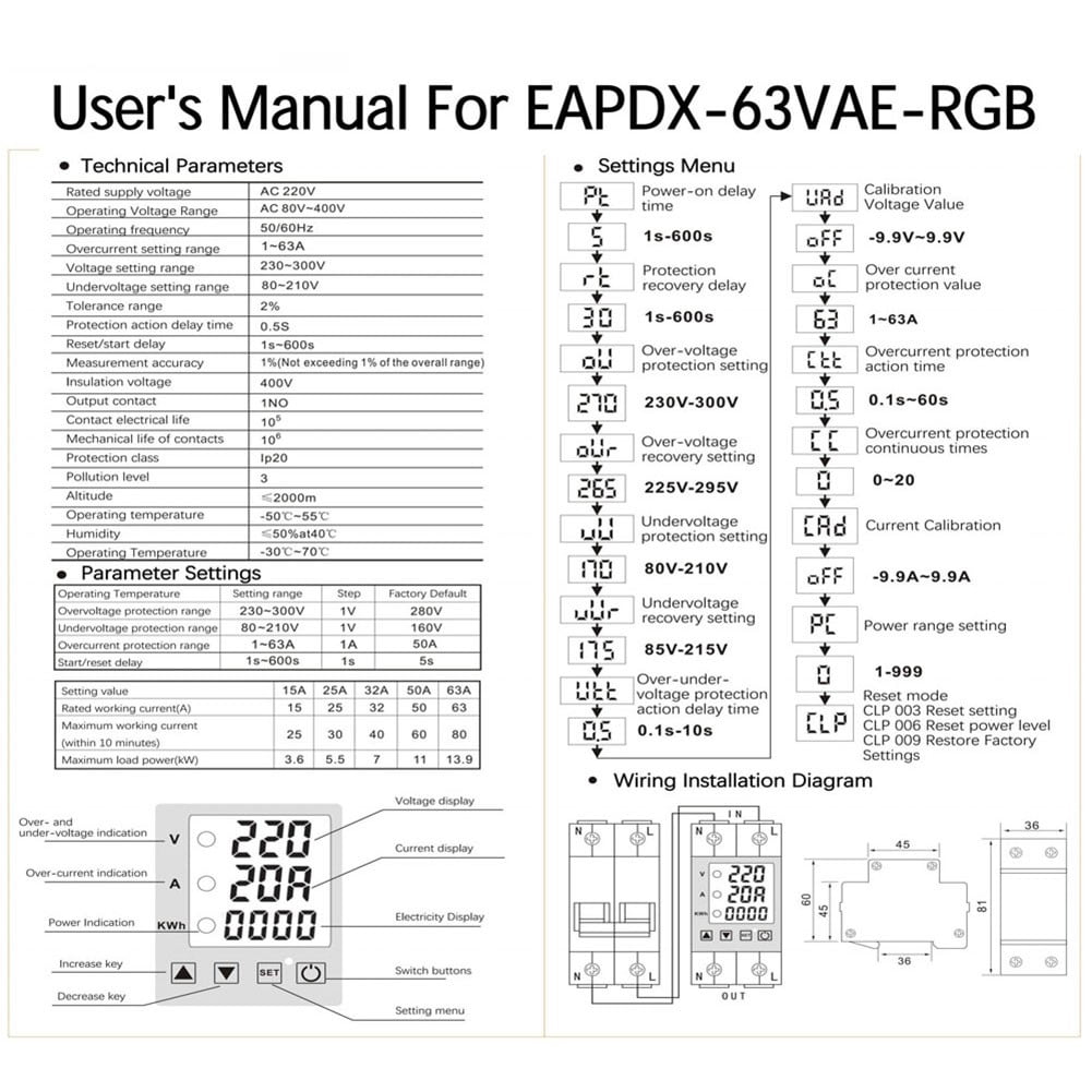 63A 230V 3IN1 Display Din Rail Adjustable Over Voltage Current Protective Device