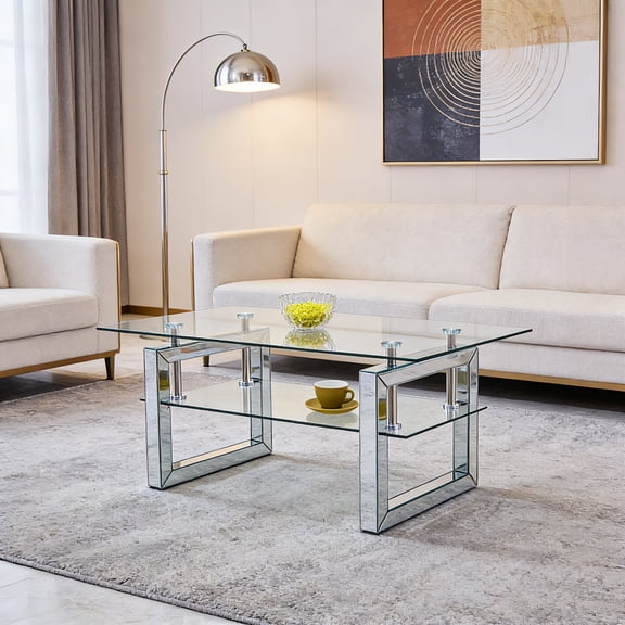 39.4" W x 19.7" D x 17.7" H Tempered Glass Coffee Table, Clear Rectangular Cocktail Table for Living Room