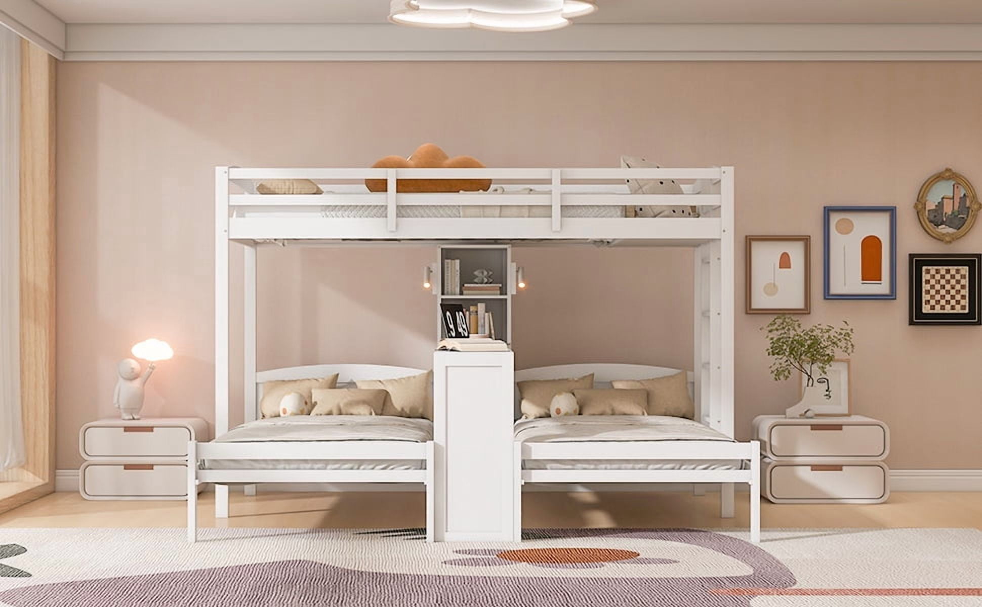 Mintazer Twin over Twin over Twin Bunk Bed with Desk, Bunk Bed with Reading Lamp and Storage Shelves, White