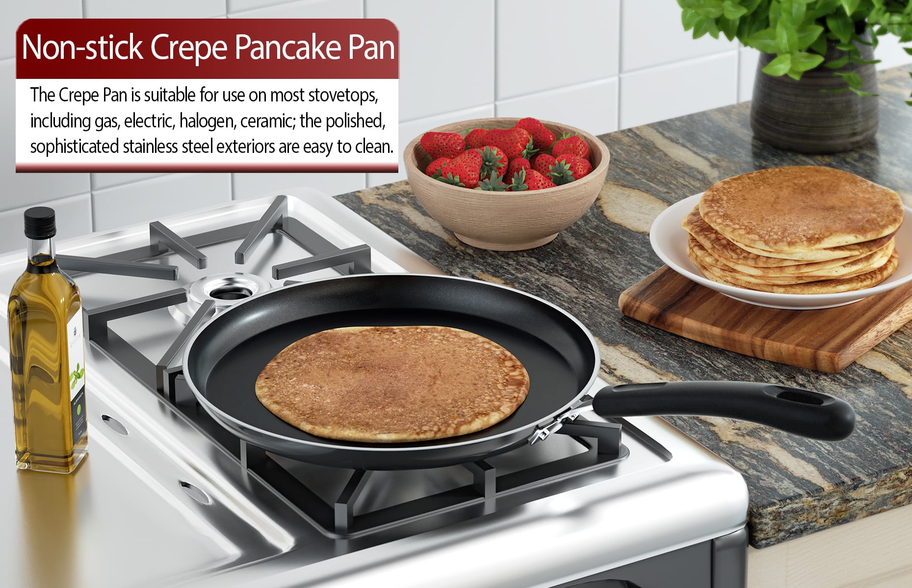 Stovetop Crepe Pan (Cherry Red) with Wooden Crepe Rateau, Item L2036-2767