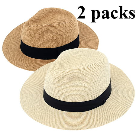 Panama Hat for Women - 2 Pack Wide Brim Straw Hat for Summer Sun Beach Travel, Ivory and Tan (Best Beach Hats For Travel)
