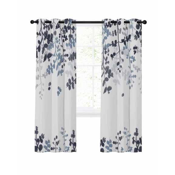 Navy Blue Leaves Blackout Curtains, Light Blocking Print Window Curtains, Summer Botanical Thermal Insulated Window Drapes for Living Room Kitchen Cafe 2 Panels, 104"W x 72"L