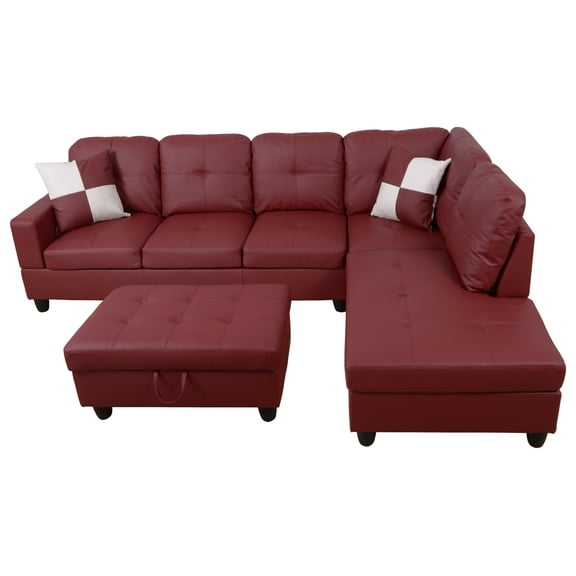 For-U Furnishing Classic Red Faux Leather Sectional Sofa, Right Facing Chaise, 74.5" D x 103.5" W x 35" H