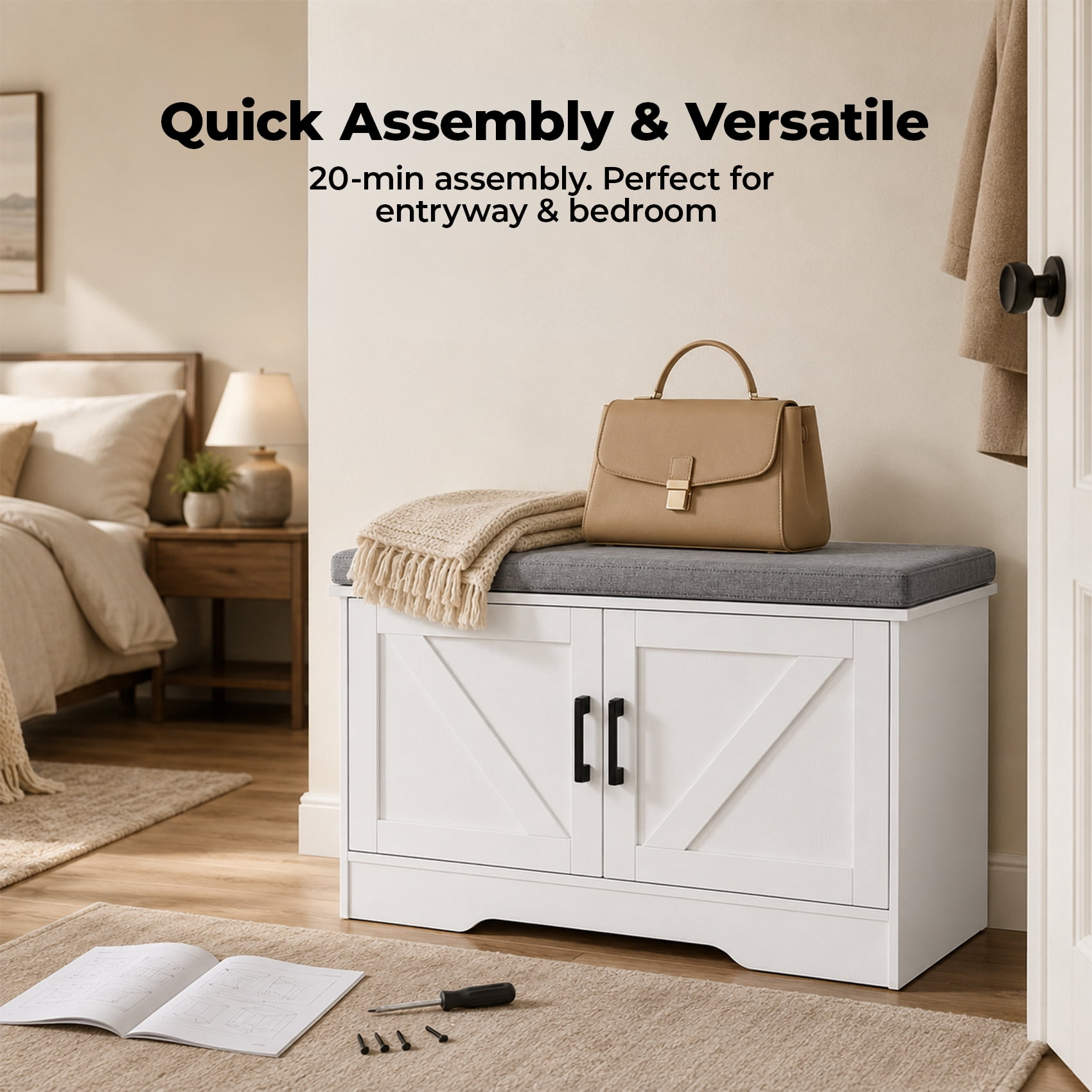 Alvantor 2-Tier Wooden Shoe Storage Cabinet Bench with Padded Seat and Adjustable Shelf for Entryway