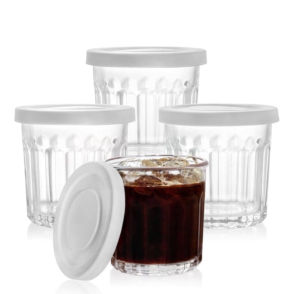 Glass Cups with Lids Set of 4, 14oz Thick Drinking Glasses, Heavy Duty Glass Tumblers, Stackable Food Storage Jars, Clear Picardie Style Glassware