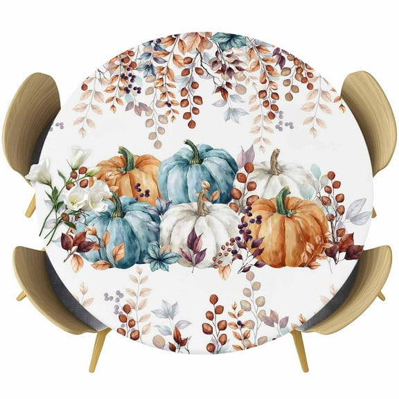 Orange Blue Pumpkin Fall Round Tablecloth 55-60 Inch Round Fitted Table Cloth with Elastic Edge, Thanksgiving Eucalyptus Leaves Waterproof Table Cover Protector for Outdoor Picnic Party Dining