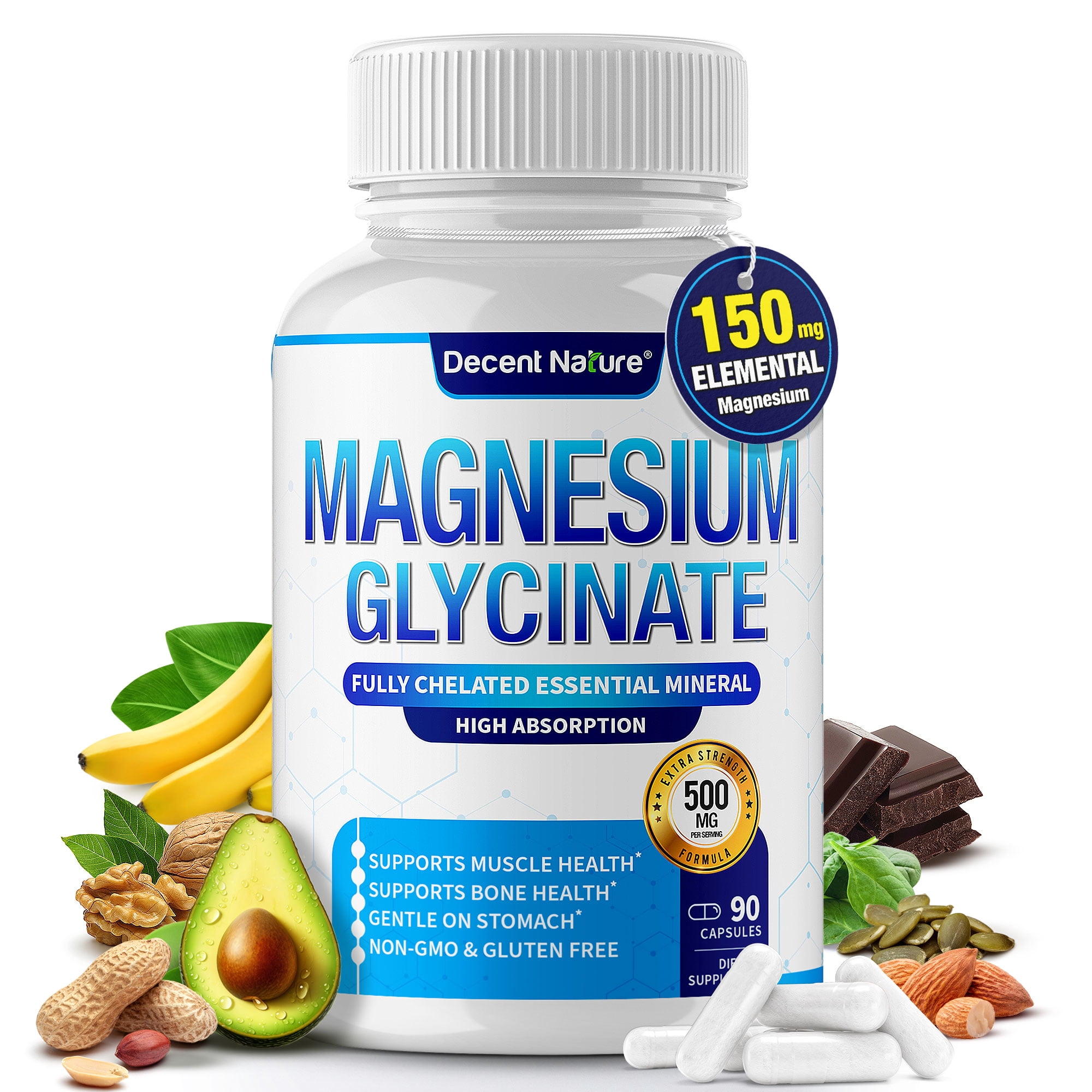 Decent Nature Magnesium Glycinate Elemental Magnesium Supplement 90 Capsules