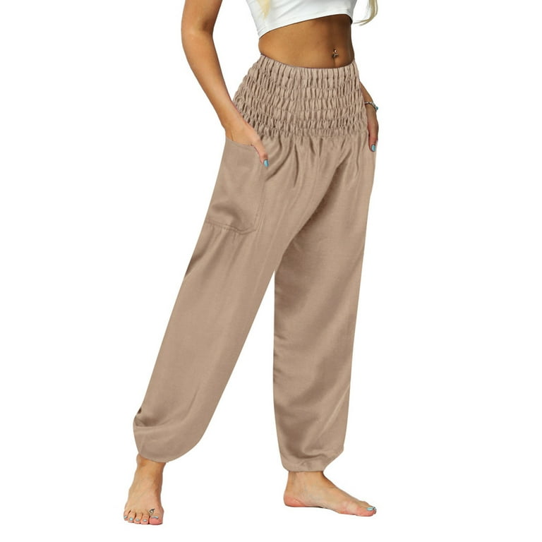 Mortilo casual pants for women,Elastic High Waist Pocket Solid Women Button  Pants travel pants women Beige XL