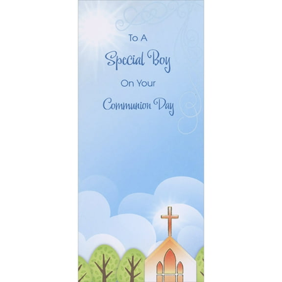 Designer Greetings Orange Church with Gold Foil Outlined Cross and Sunny Blue Sky 1st / First Communion Gift Card or Money Holder Congratulations Card for Boy