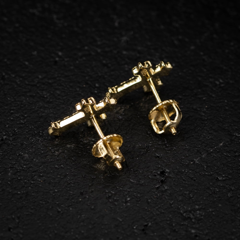 Small Mens Women's Prong Set Iced 5A Cz Hip Hop Yellow Gold 925 Sterling Silver Screw Back Post Hypoallergenic Crucifix Ice Out Cubic Zirconia Gothic Cross Stud Earrings