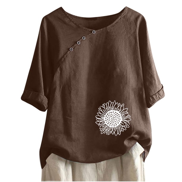 Blusas de Manga Corta para las Mujeres Impresas Cuello Redondo Camiseta Casual, Blusa de Algodón de Imitación para las Mujeres