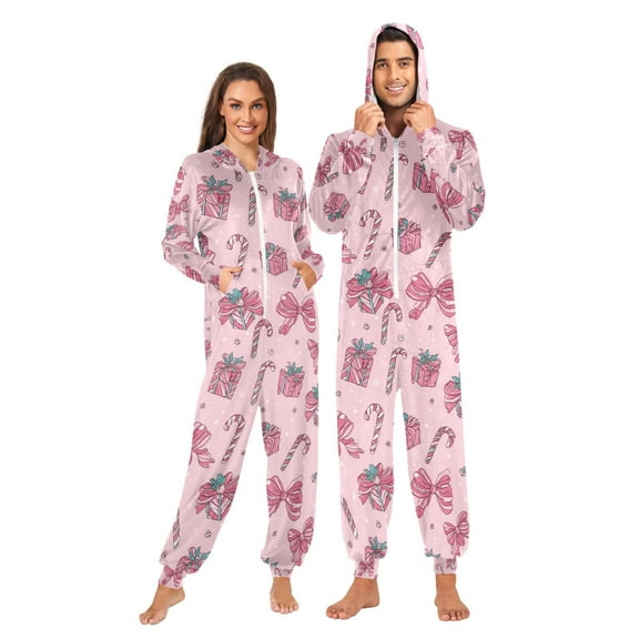 Adult Christmas Onesie Cute Pink Bow and Candy Zipper One-Piece Pajamas Unisex with Pockets