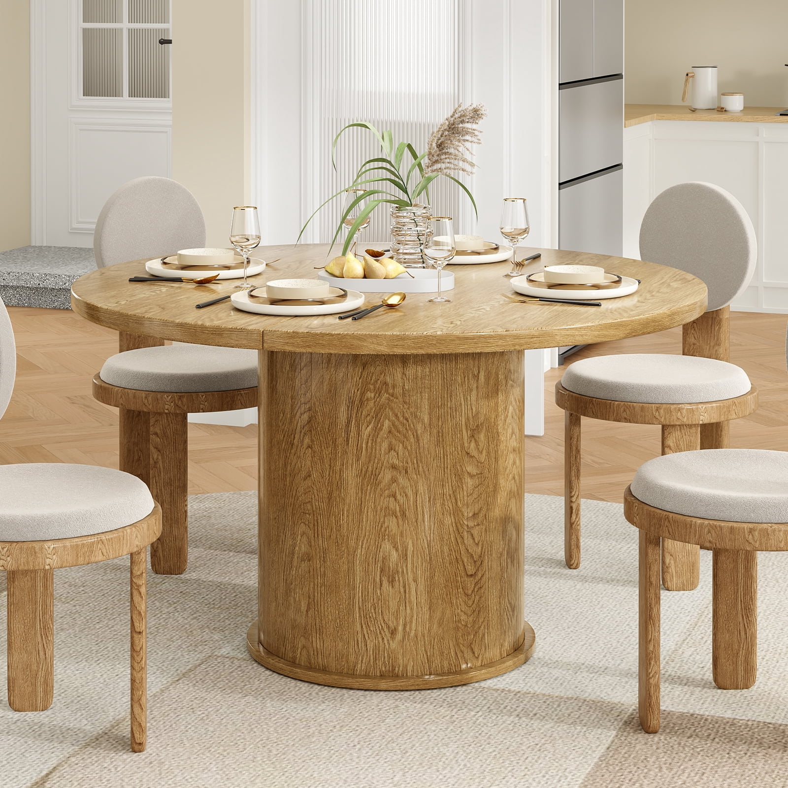 Farini 43" Round Dining Table, Modern Wood Kitchen Table with Metal Base, Seats 4, for Dining Room or Kitchen, Walnut