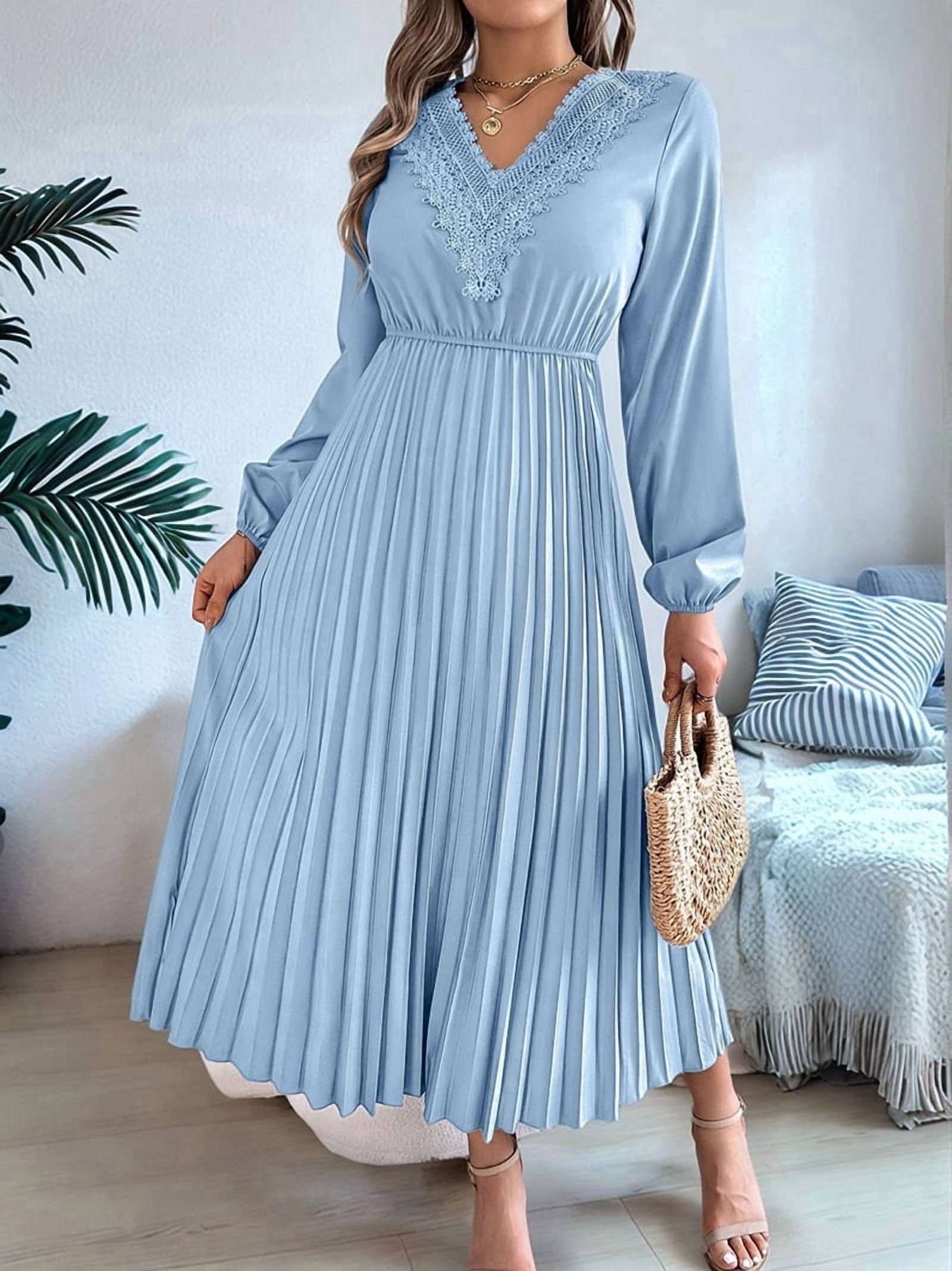 Women Fall Long Sleeve Dress Casual V Neck Pleated A Line Light Blue M