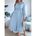 thumbnail image 2 of Women Fall Long Sleeve Dress Casual V Neck Pleated A Line Light Blue S, 2 of 5