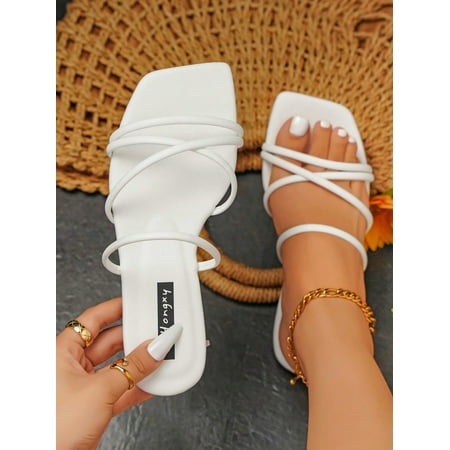 

Cross Strap Slide Sandals Beige Elegant Solid Color Slippers