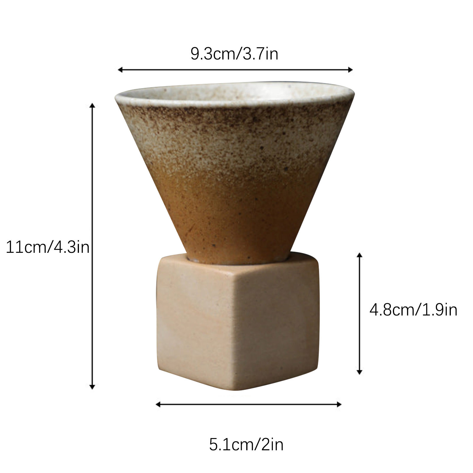 Coarse Pottery Coffee Mugs, Japanese Style Ceramic Tea Cups Triangular Cone Shape Porcelain Retro Mug with Square Base Heat Resistant Funnel Mugs Espresso Latte for Home Picnic Office