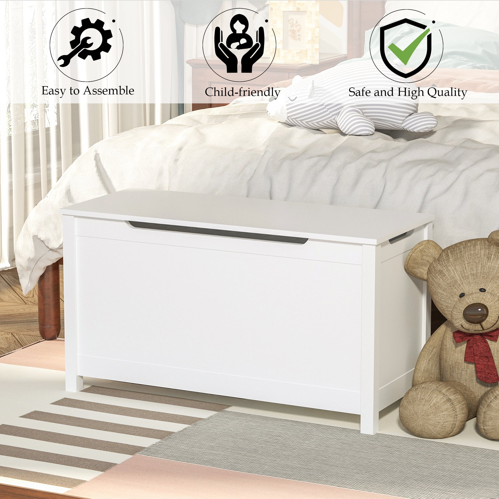 Bellemave Modern Kids Toy Storage Box with Safety Hinged Lid Wooden Storage Box Kids Sitting Bench Play room and Bedroom Storage Chest Toy Box for Children, Boys, Girls (White)