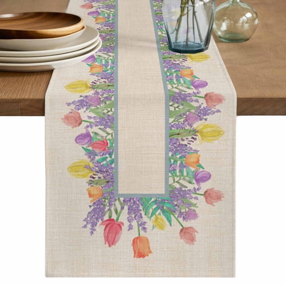 Table Runner Tulip Side Soft Linen Style Table Runner Cloth Lavender Plant Retro Dining Table Decor for Kitchen, Dining Room, Parties, Holiday & Everyday Use 13x36 Inch