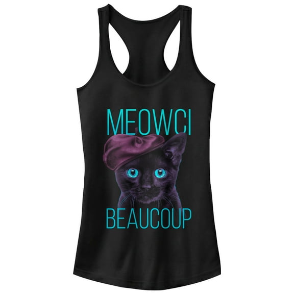 Junior's CHIN UP French Cat  Racerback Tank Top Black Large