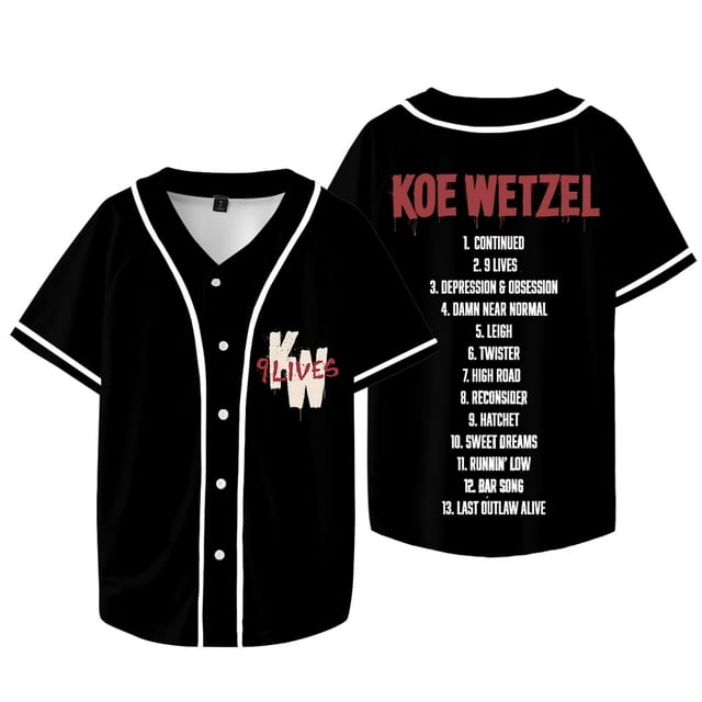 Koe Wetzel 9 Lives Album Merch Veste de Baseball T-Shirts Unisexes Mode Décontractée Manches Courtes Tee, style 2,TP