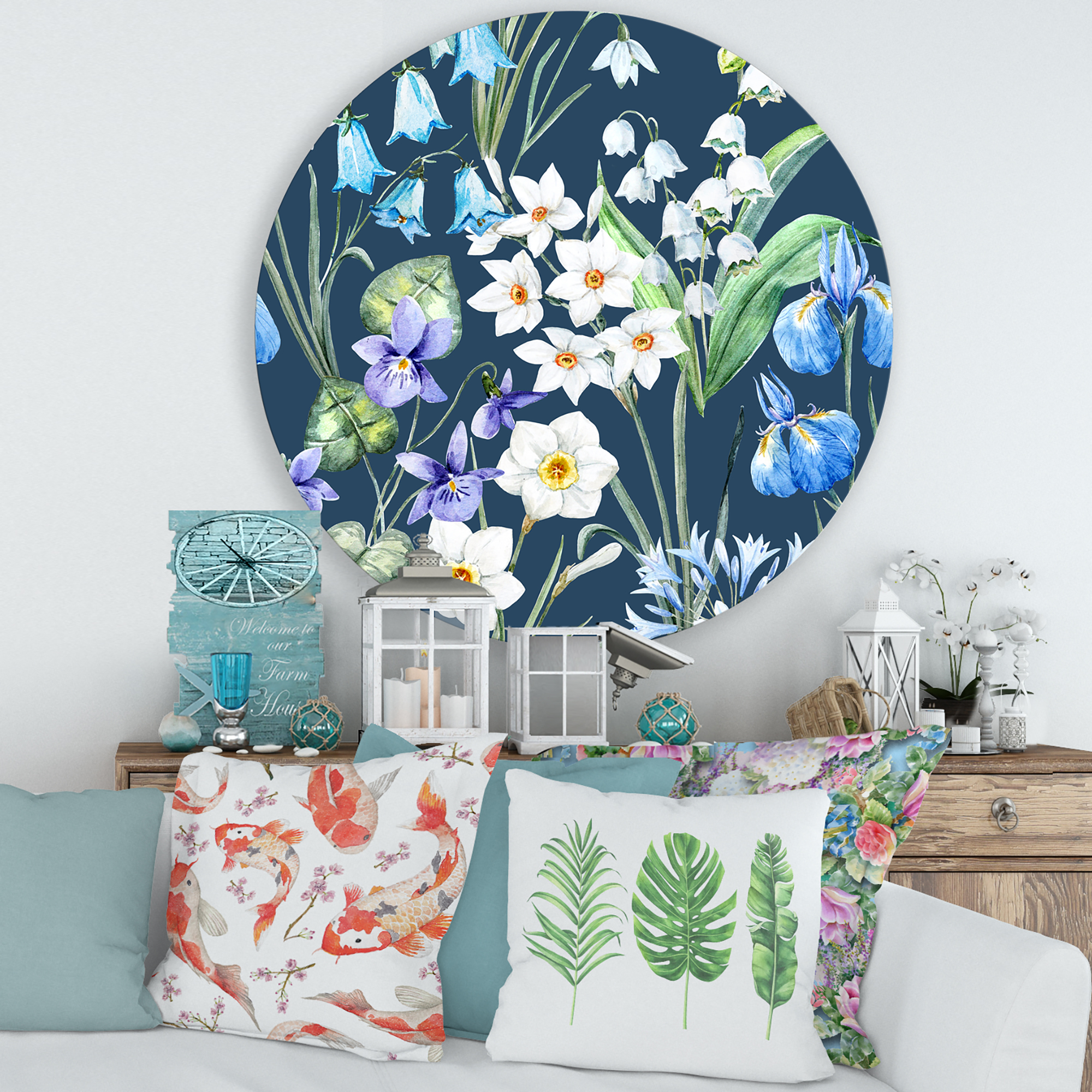 Designart 'Blue and White Spring Flowers On Dark Blue' Traditional Circle Metal Wall Art 29x29 - Disc of 29