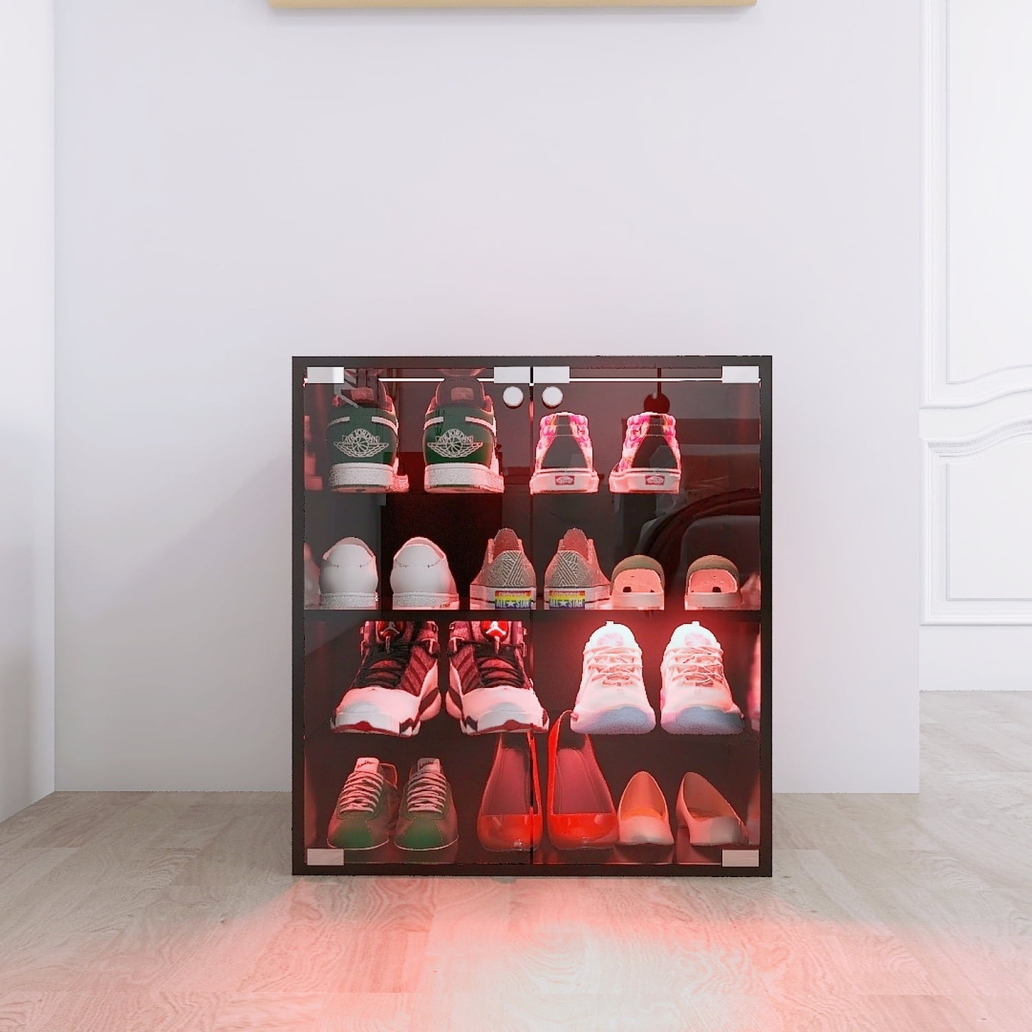 Shoe Display Cases with RGB LED Lights, 3-Tier Shoe Storage Cabinet with  Sliding Glass Door, Wooden Stackable Shoes Rack Shoe Storage Organizer for