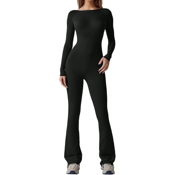 Shapewear Tummy Control Womens Sexy Open Back Long Sleeve Flared Bottom Pants Romper Bodycon Jumpsuit