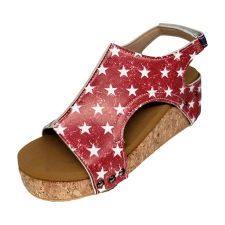

Sandals Women Dressy Summer Flat Trade Rome Soled Thick Soled Independence Day Printed Hook Loop Large Sandal Red 42