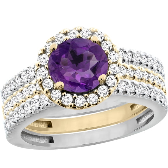 10K Gold Natural Amethyst 3-Piece Ring Set Two-tone Round 6mm Halo Diamond, size 9.5