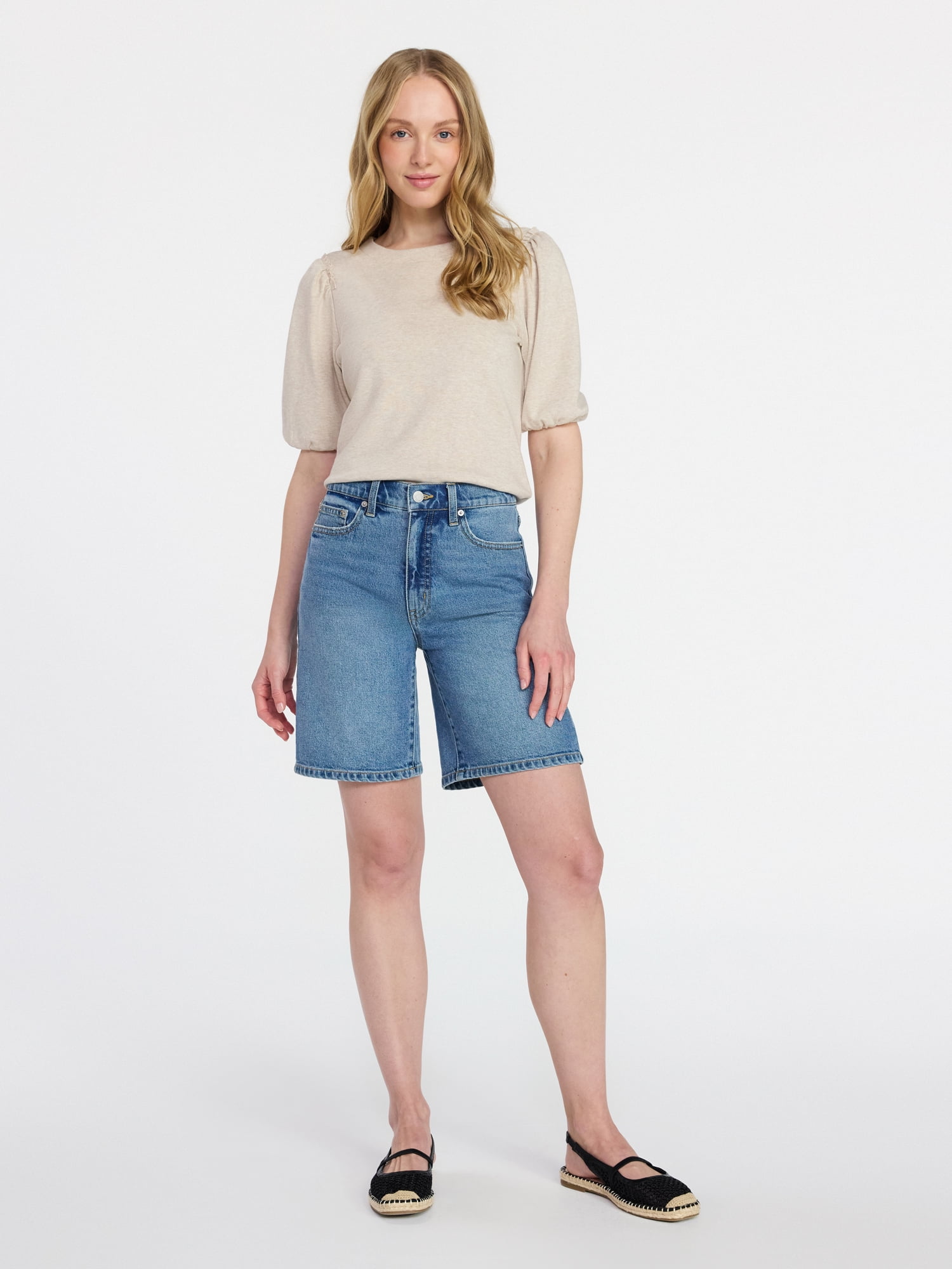 Time and Tru Women's Cotton Crewneck Tee with Puff Sleeves, Sizes XS-XXXL