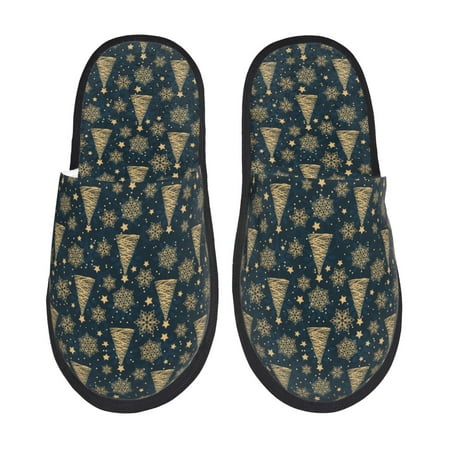 Balery Gold Snowflake Christmas Tree Slient Indoor Furry Fleece Comfort House Shoes Soft Non-Slip Home Shoes Cotton slippers House Slippers-- Large