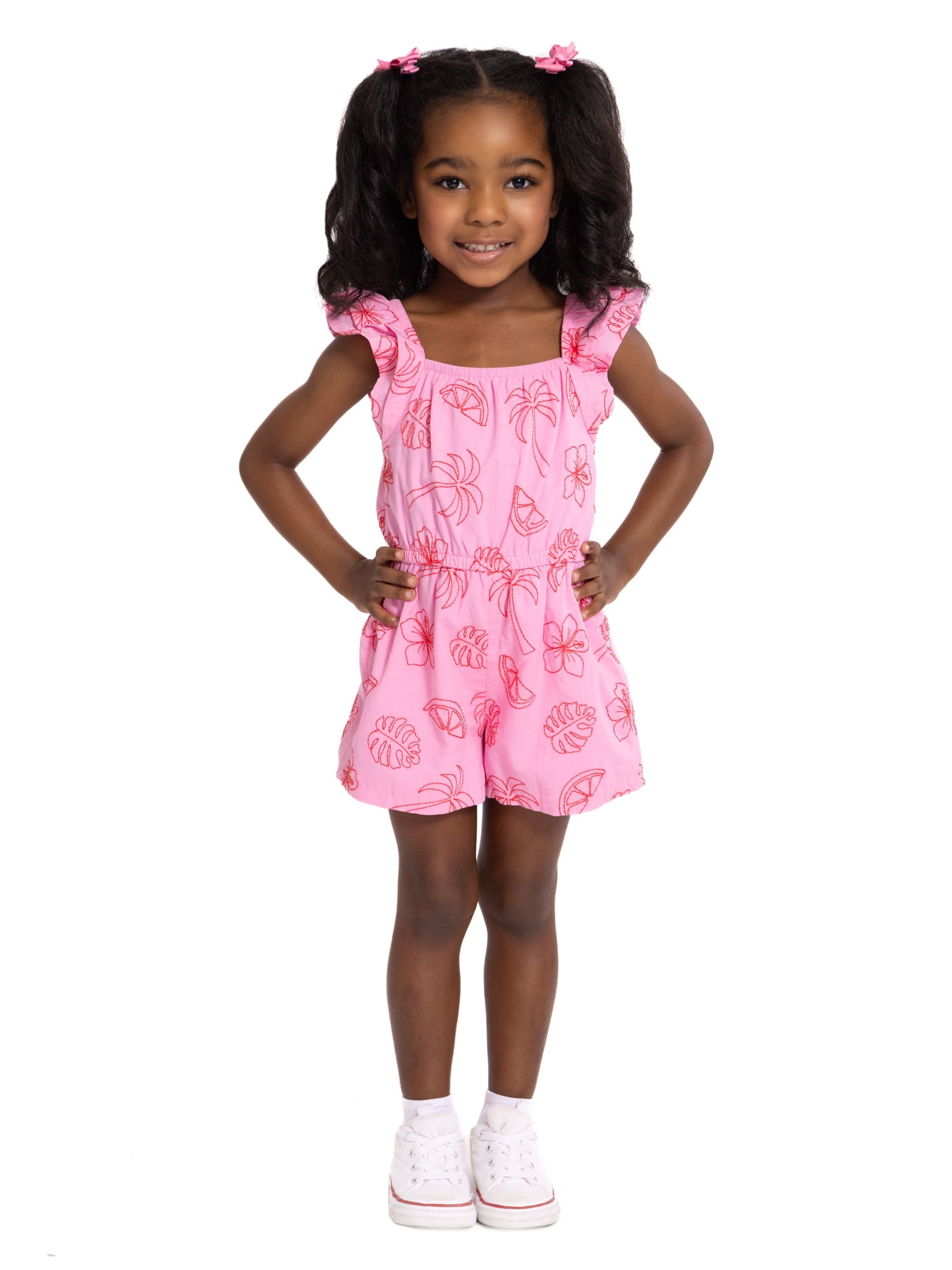 Wonder Nation Toddler Girls Allover Print Cotton Romper with Ruffle Sleeves, Sizes 12M-5T