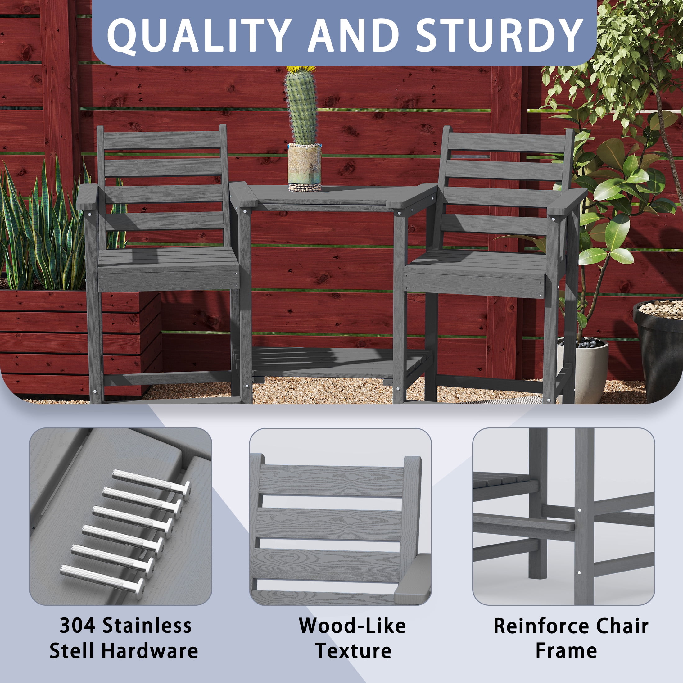 AreShark HDPE Tall Adirondack Chair Set with Removable Double Trays (Set of 2) -Gray