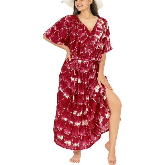 LEELA Women's Summer Maxi Nightdress Cover Up Gown Caftan Loungewear Dashiki House Dresses for Women 3X-4X Red, Floral