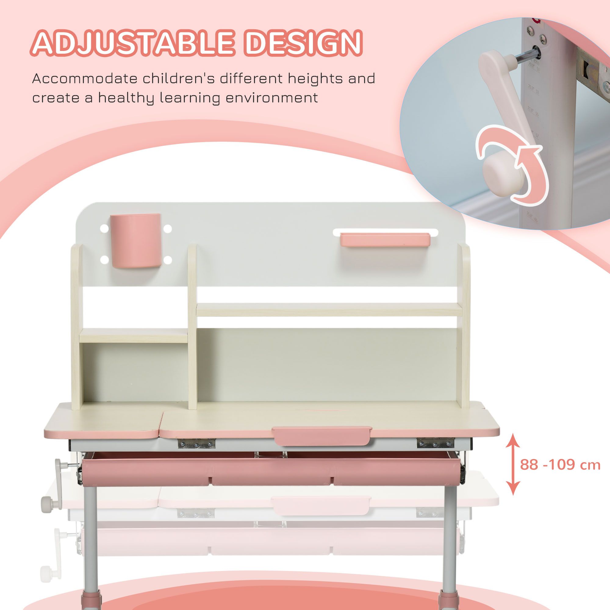 Height Adjustable Kids Study Desk with 0-60° Tilt Tabletop, Storage Shelves & Drawer, Stable I-Beam Children Writing Art Desk for Ages 3-12