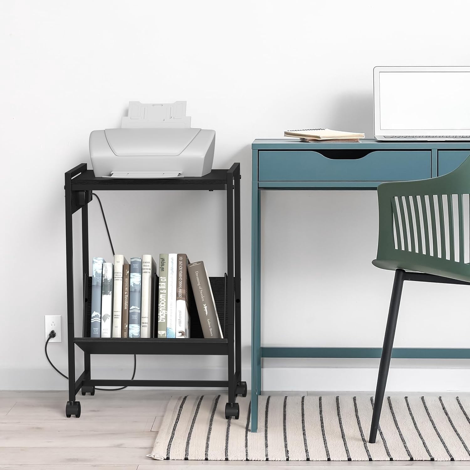 2-Tier End Table Record Player Stand with Charging Station and Vinyl Storage Shelf, Black