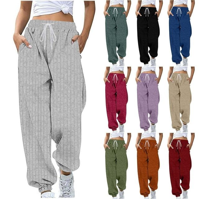 Yuyuzo Sweatpant for Women Fall Knitted Ribbed Joggers Drawstring High Waisted Baggy Casual Loose Lounge Pants