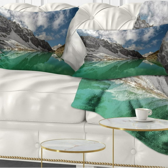 Designart Clear Mountain Lake under Bright Sky - Landscape Printed Throw Pillow - 12x20