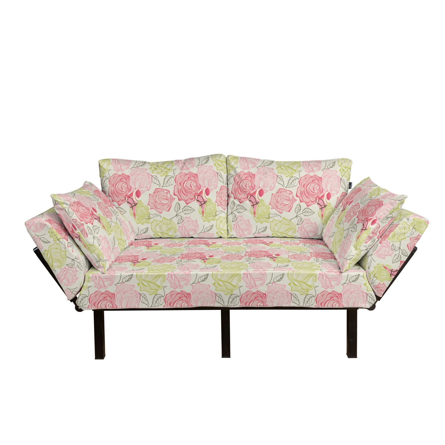 Floral Futon Couch, Romantic Soft Pastel Pink Roses and Green Flowers