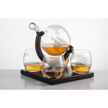 Eravino Etched Globe Whiskey Decanter Gift Set- Includes 4 Glasses & Large Glass Beverage Drink Dispenser also for Brandy Tequila Bourbon Scotch Rum -Alcohol Related Gifts for Dad