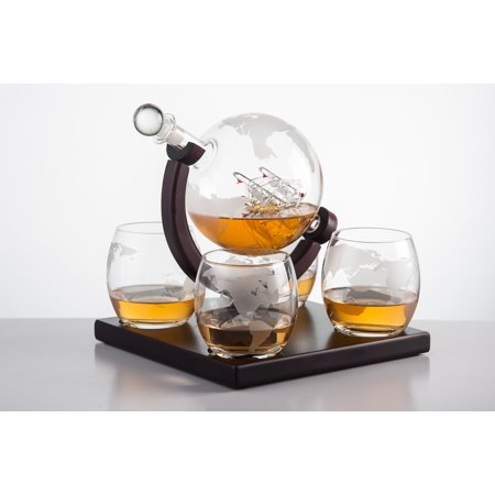 Eravino Etched Globe Whiskey Decanter Gift Set- Includes 4 Glasses & Large Glass Beverage Drink Dispenser also for Brandy Tequila Bourbon Scotch Rum -Alcohol Related Gifts for Dad (Best Glasses For Scotch Whiskey)