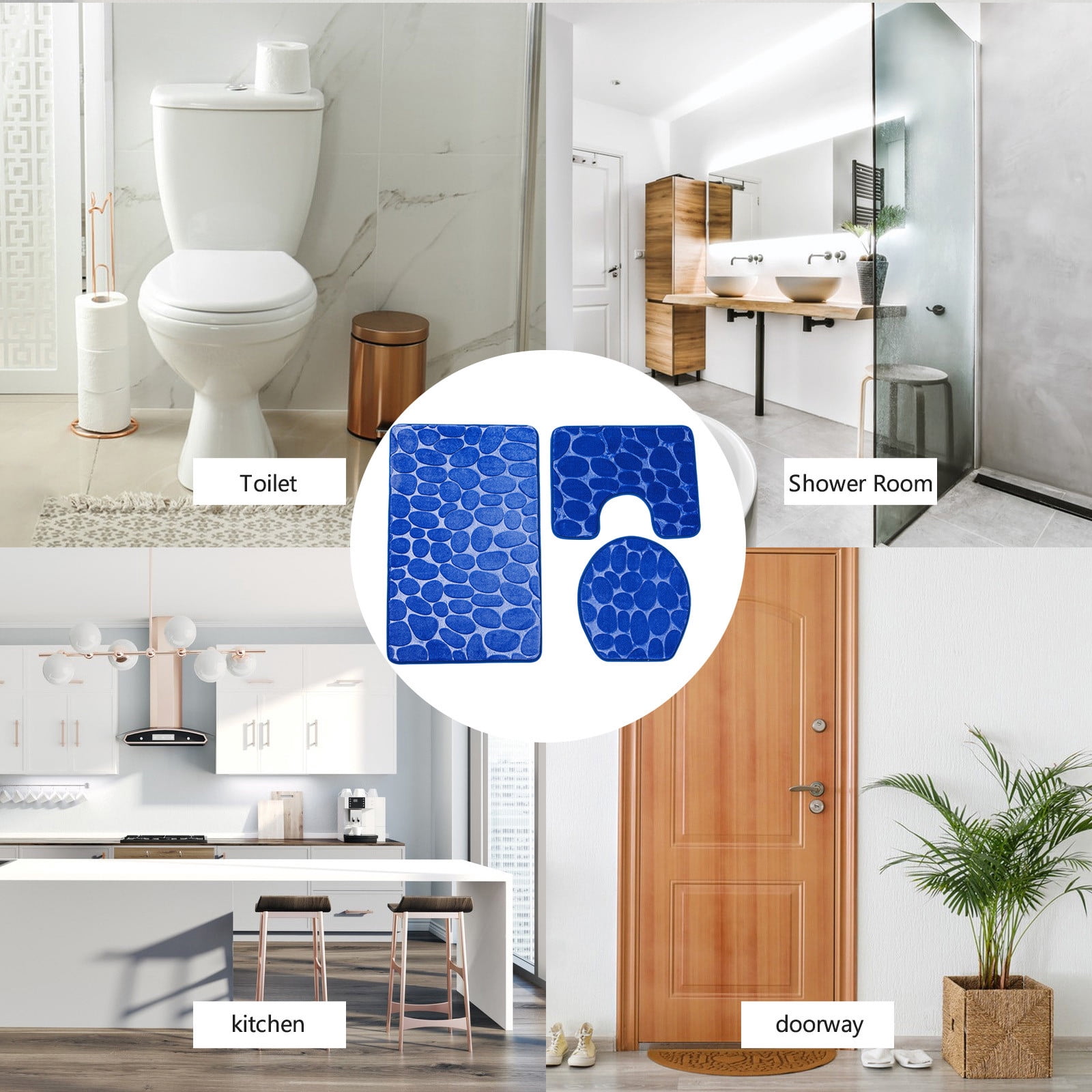 VOTRUDI 3 Piece New Bath Mats Clearance,Blue No Slip Ultra Soft Bathroom Rugs and Mats Washable Set of 3,Bath Rugs and Mats for Bathroom Floor