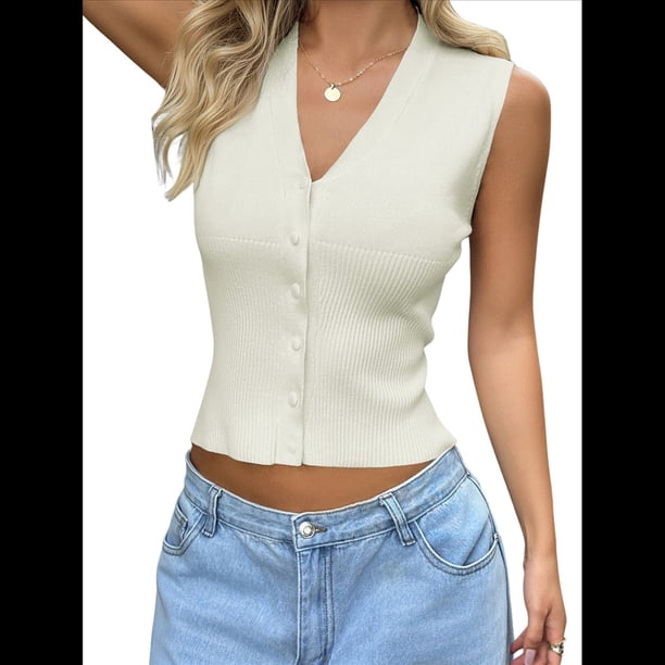 Chalecos de Punto para Mujer, Suéteres Sin Mangas con Botones y Cuello en V, Ropa Informal, Conjuntos de Verano A . Crema M