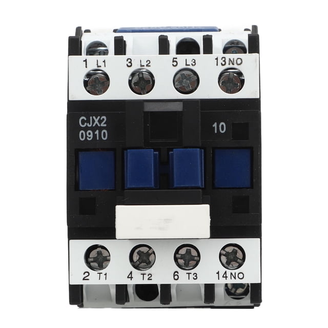 contactor de energía eléctrica cjx2 0910 Contactor trifásico para motor, vista frontal centrada con carcasa negra y botones azules, bornes superiores 1L1-3L2-5L3 y 13NO y bornes inferiores 2T1-4T2-6T3 y 14NO, marcado para bobina 220 V y corriente nominal 9A, dimensiones aprox. 75 x 81 x 46 mm (2.95 x 3.19 x 1.81 pulgadas), montaje en riel DIN de 35 mm; a menudo usado para control de arranques de motores pequeños.