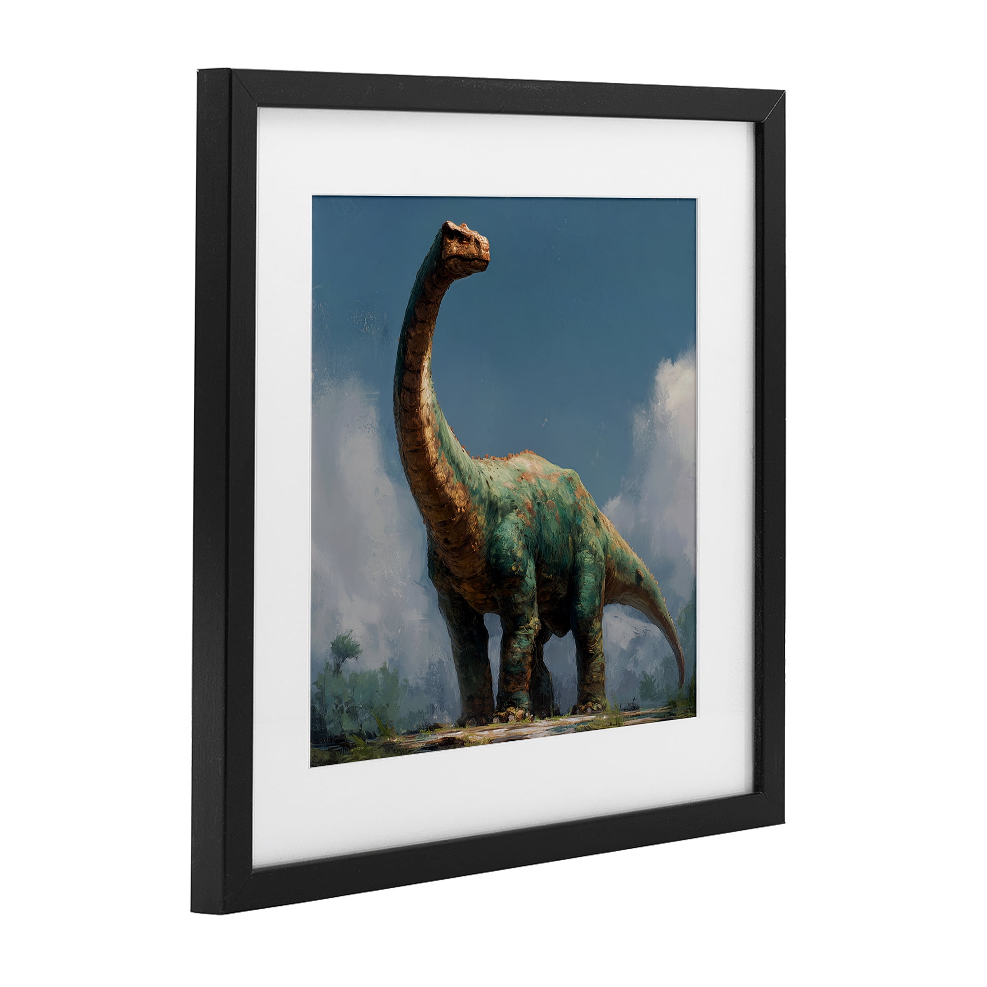 Stupell Industries Colossal Brontosaurus in Meadow Black Framed Print Under Glass, design by Wumples