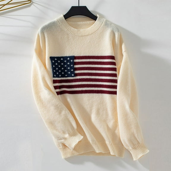 Tao Women's Oversized American Flag Sweater Long Sleeve Crewneck Knit USA Sweaters Fall Chunky Warm Pullover Tops BeigeL